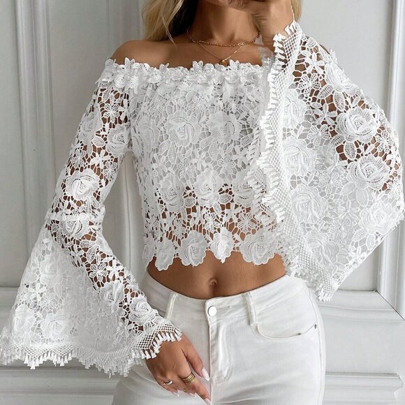 White Elegant Women's Summer Solid Color Lace Off-Shoulder Flare Sleeve Blouse - Picture 1 of 6